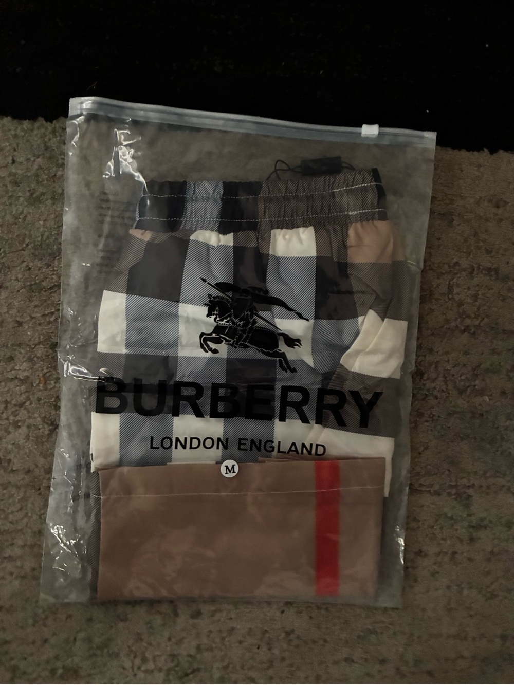 Burberry Check Men's Shorts in Black, White, Tan with Red Stripe